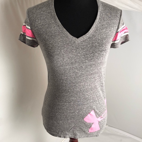 Under Armour Tops - Under Armor gray/neon pink v-neck burn out t-shirt